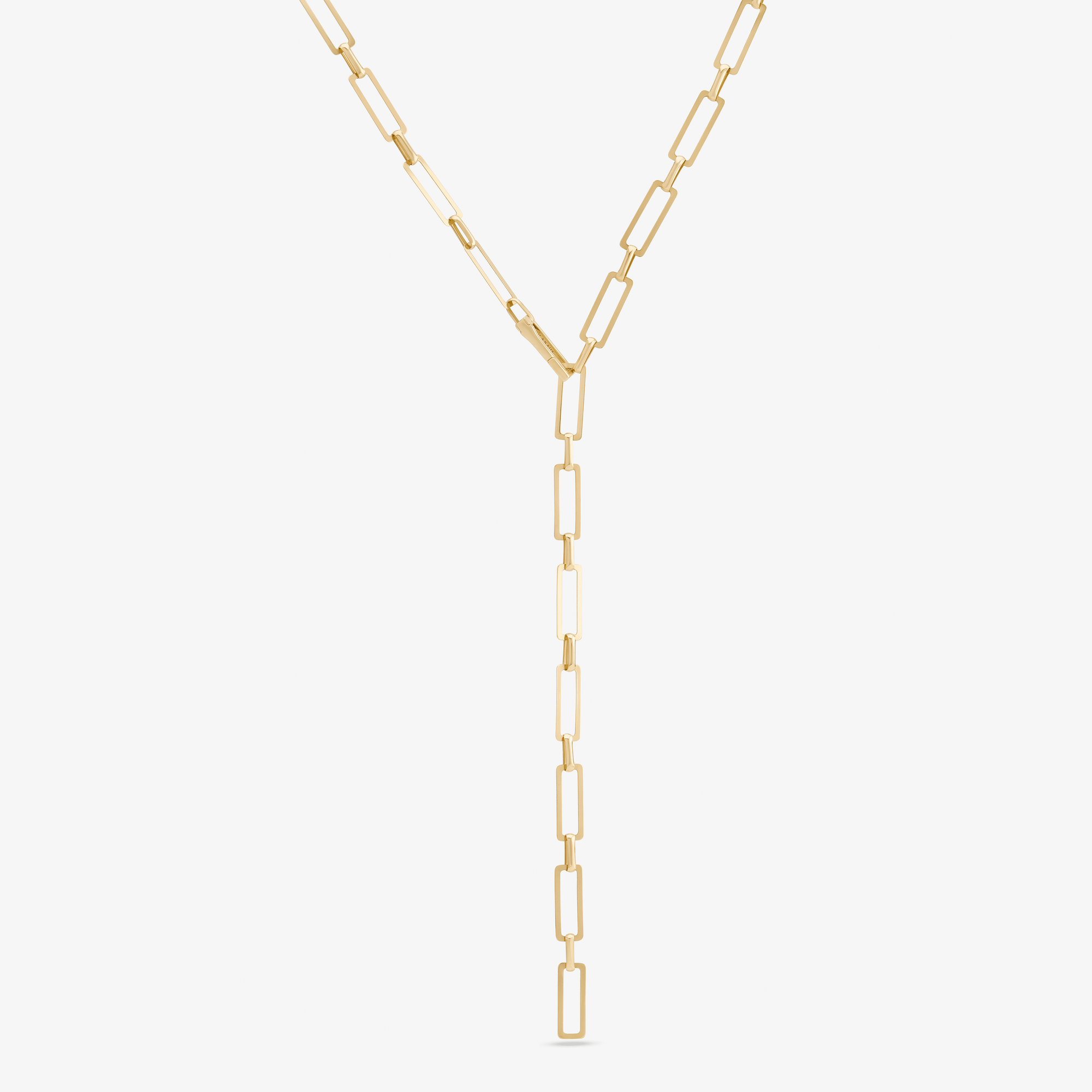14K yellow gold paperclip carabiner lariat necklace