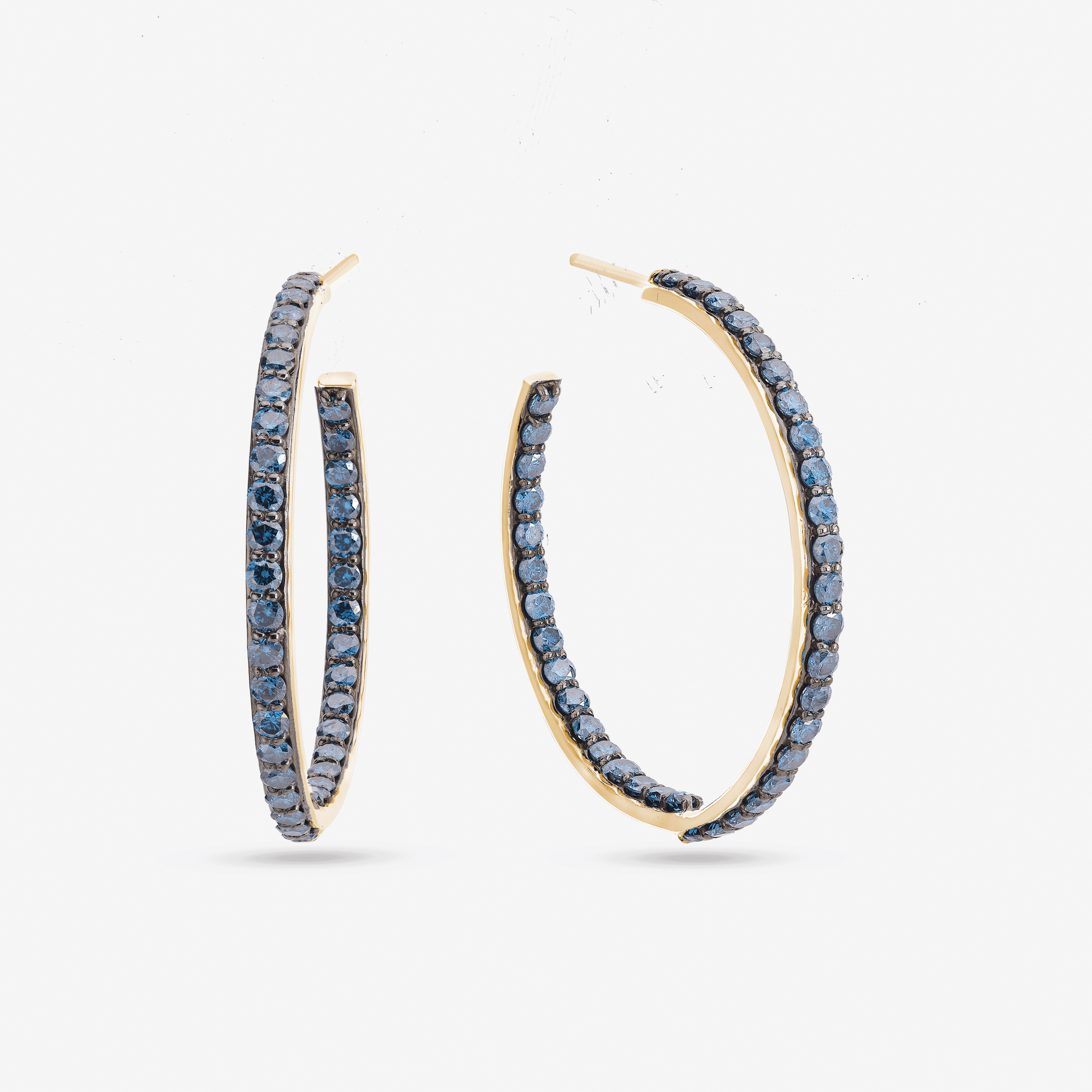 14K yellow gold small denim blue diamond hoops
