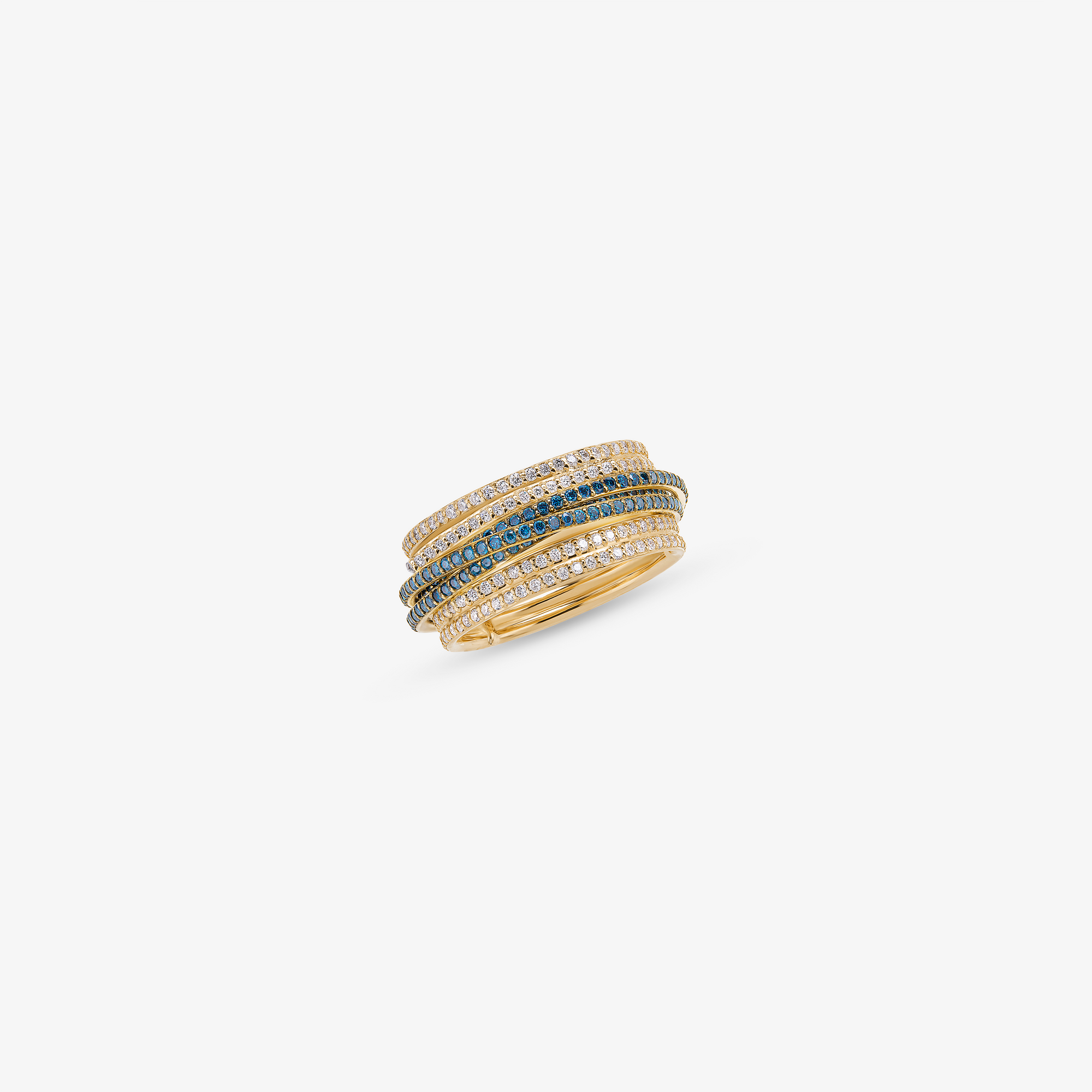 14K yellow gold denim blue & white diamond kinetic ring