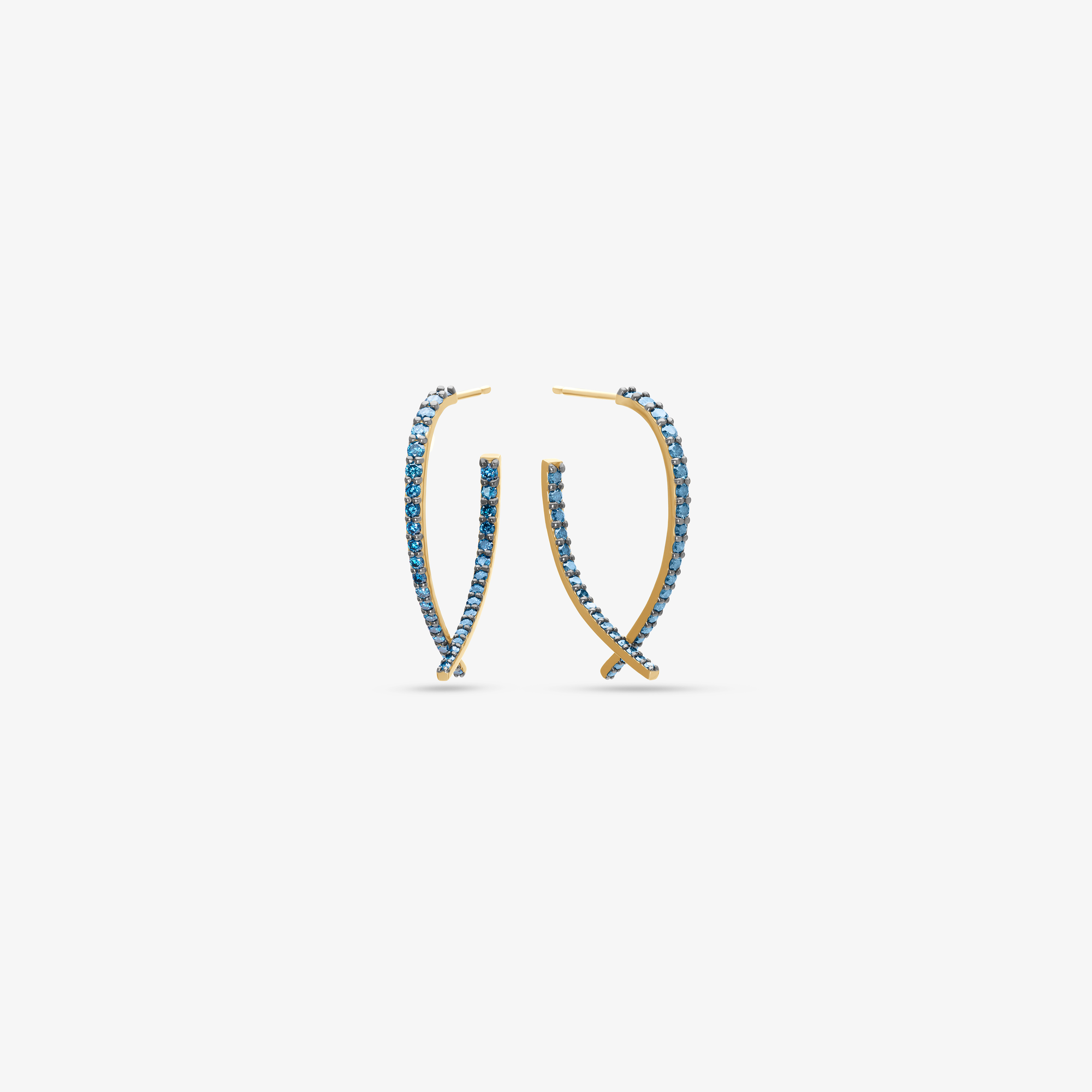 14K yellow gold small blue diamond front to back upside down hoops