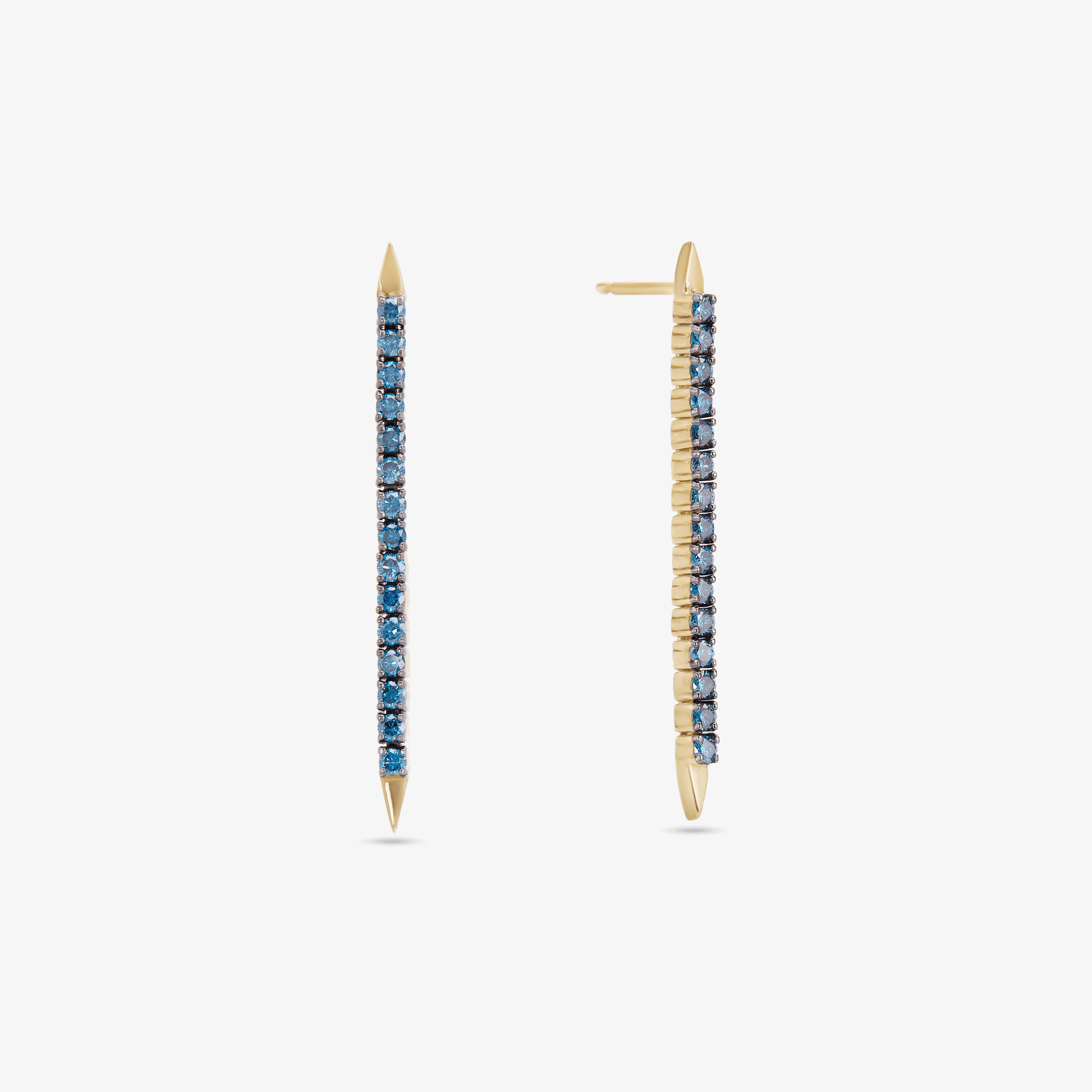 14K yellow gold denim blue diamond linear tennis earrings