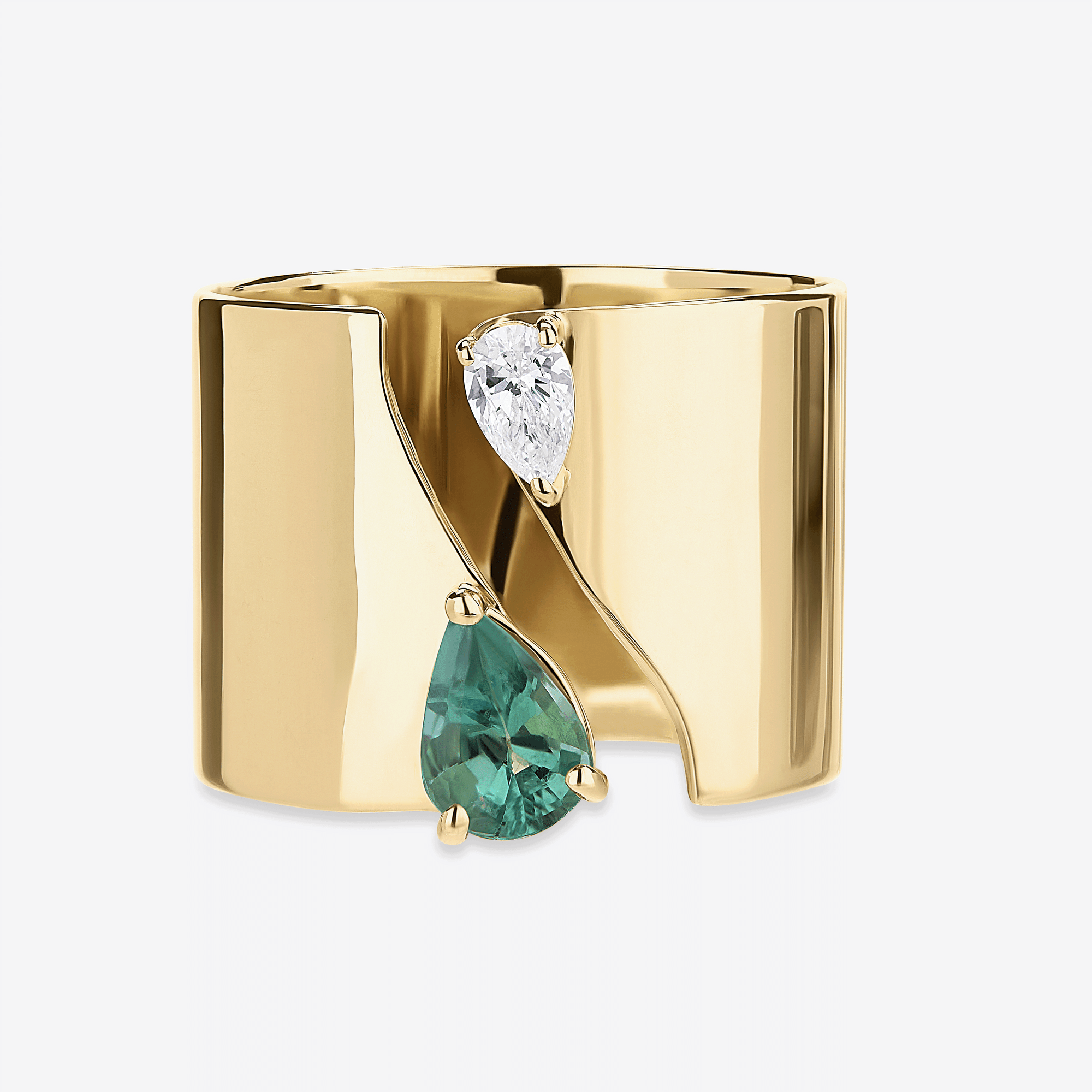 14K yellow gold green emerald & pear diamond cigar band