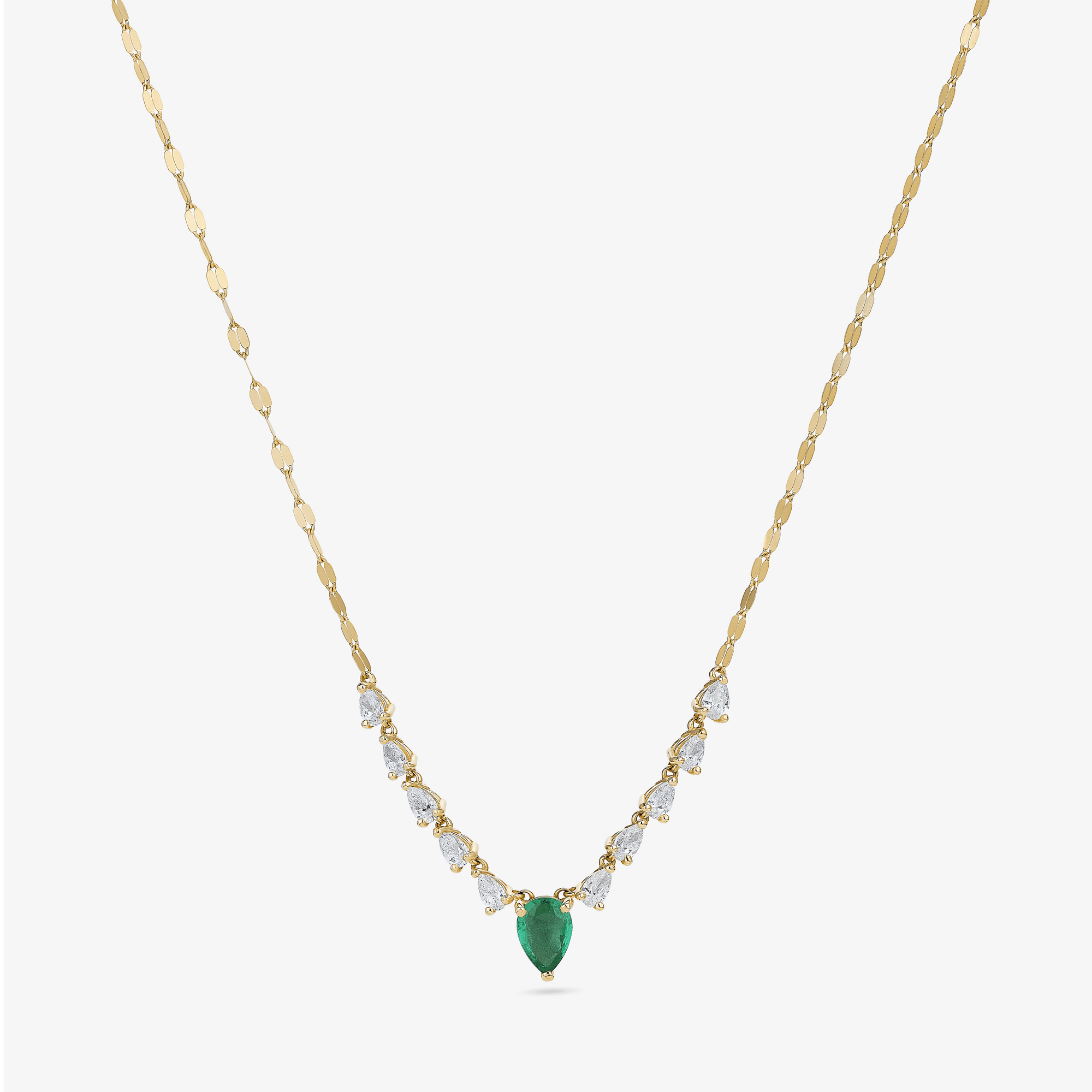 14K yellow gold green emerald & pear diamond necklace