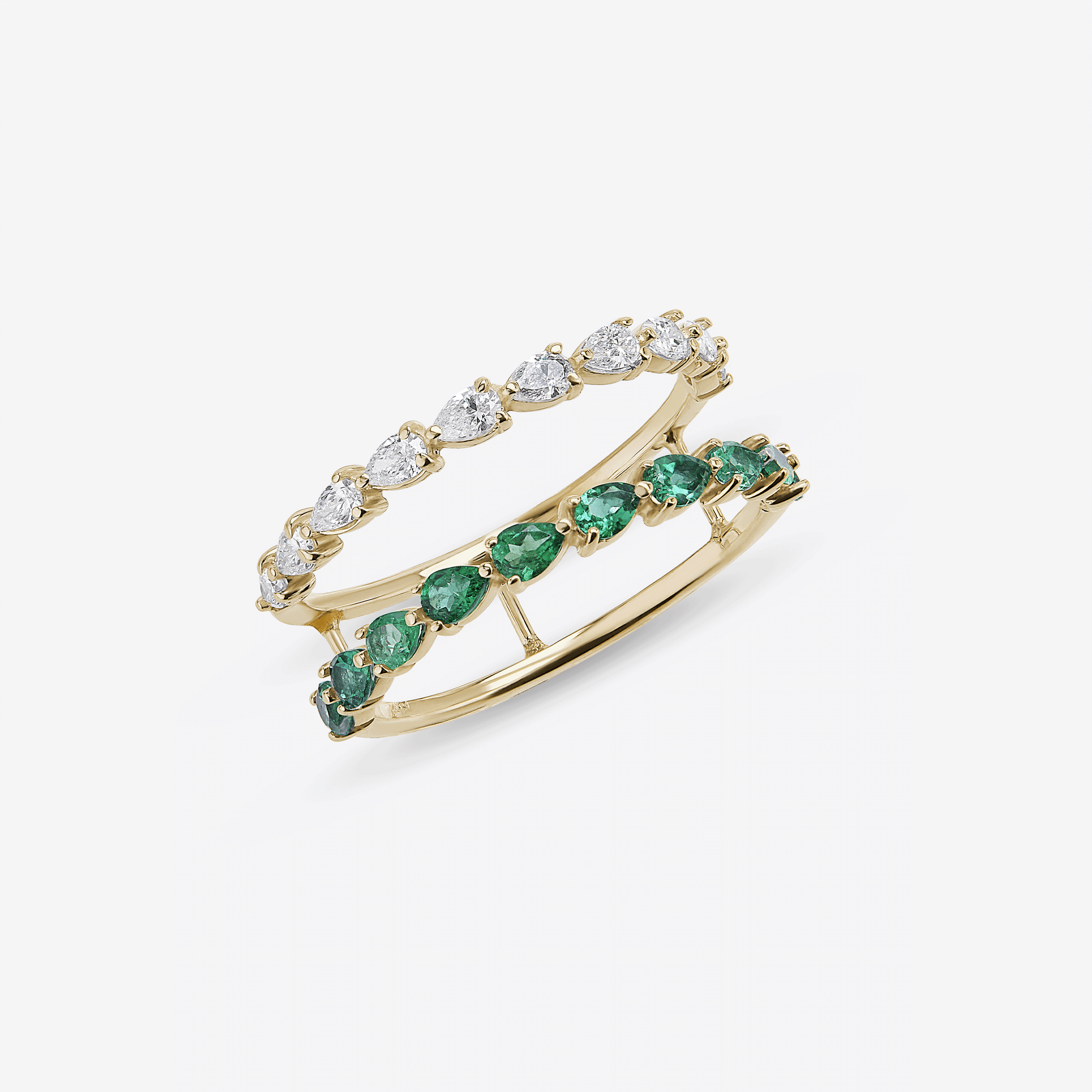 GREEN EMERALD & PEAR DIAMOND DOUBLE BAND RING
