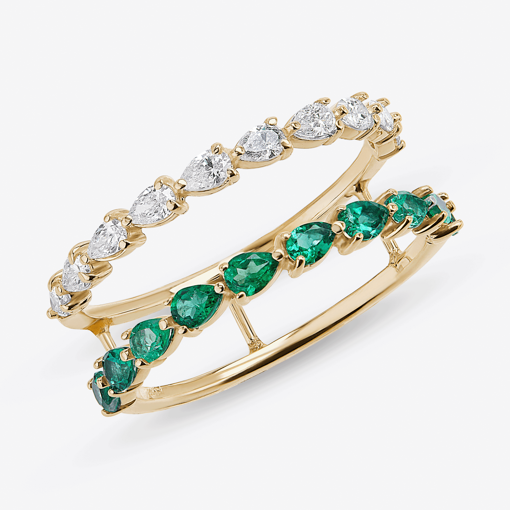 14K yellow gold green emerald & pear diamond double band ring