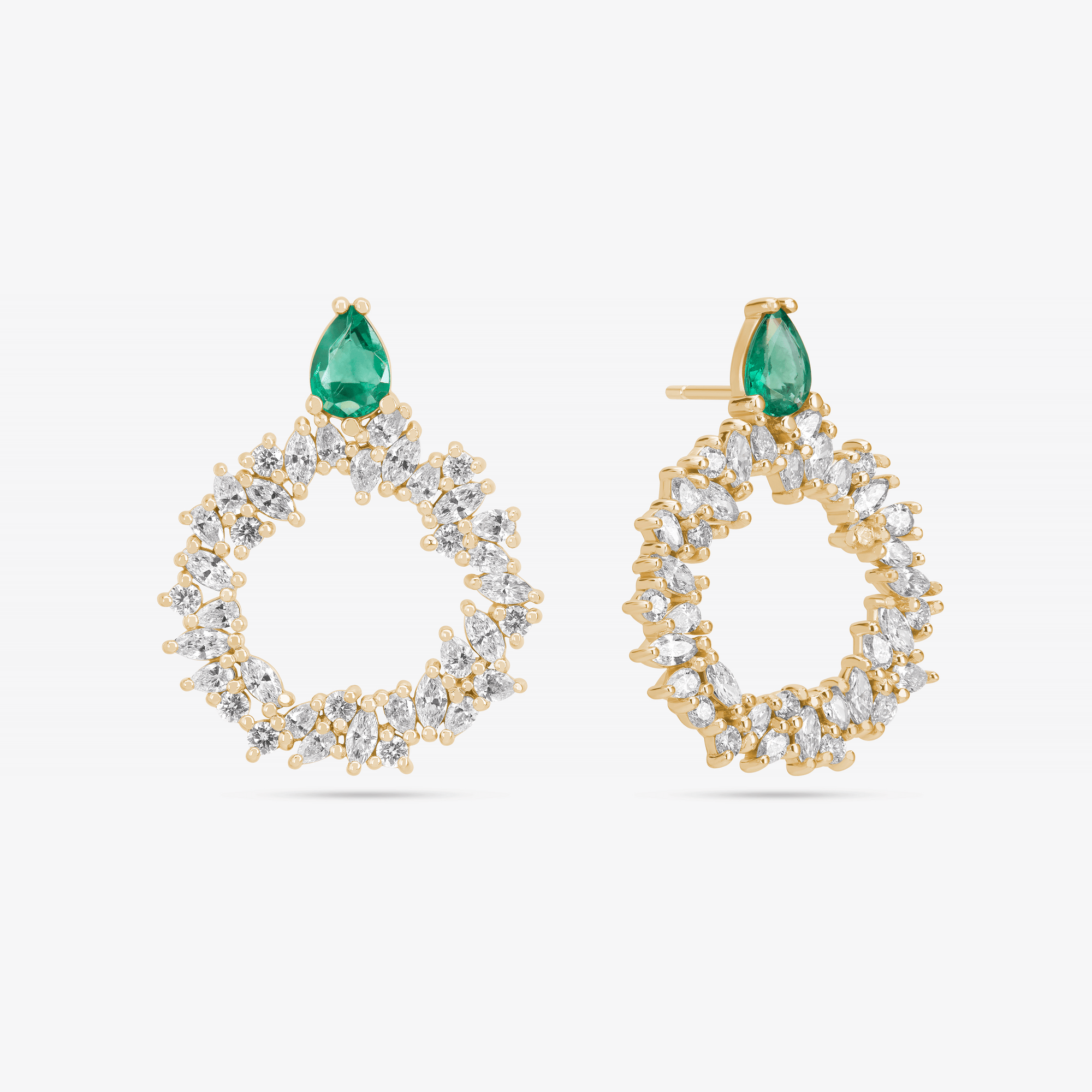 14K yellow gold green emerald mixed fancy diamond circle hoops