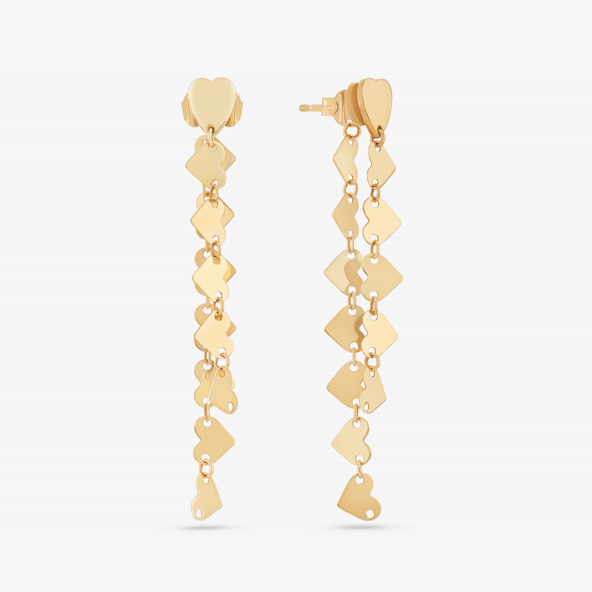 14K yellow gold short heart disc front to back linear earrings