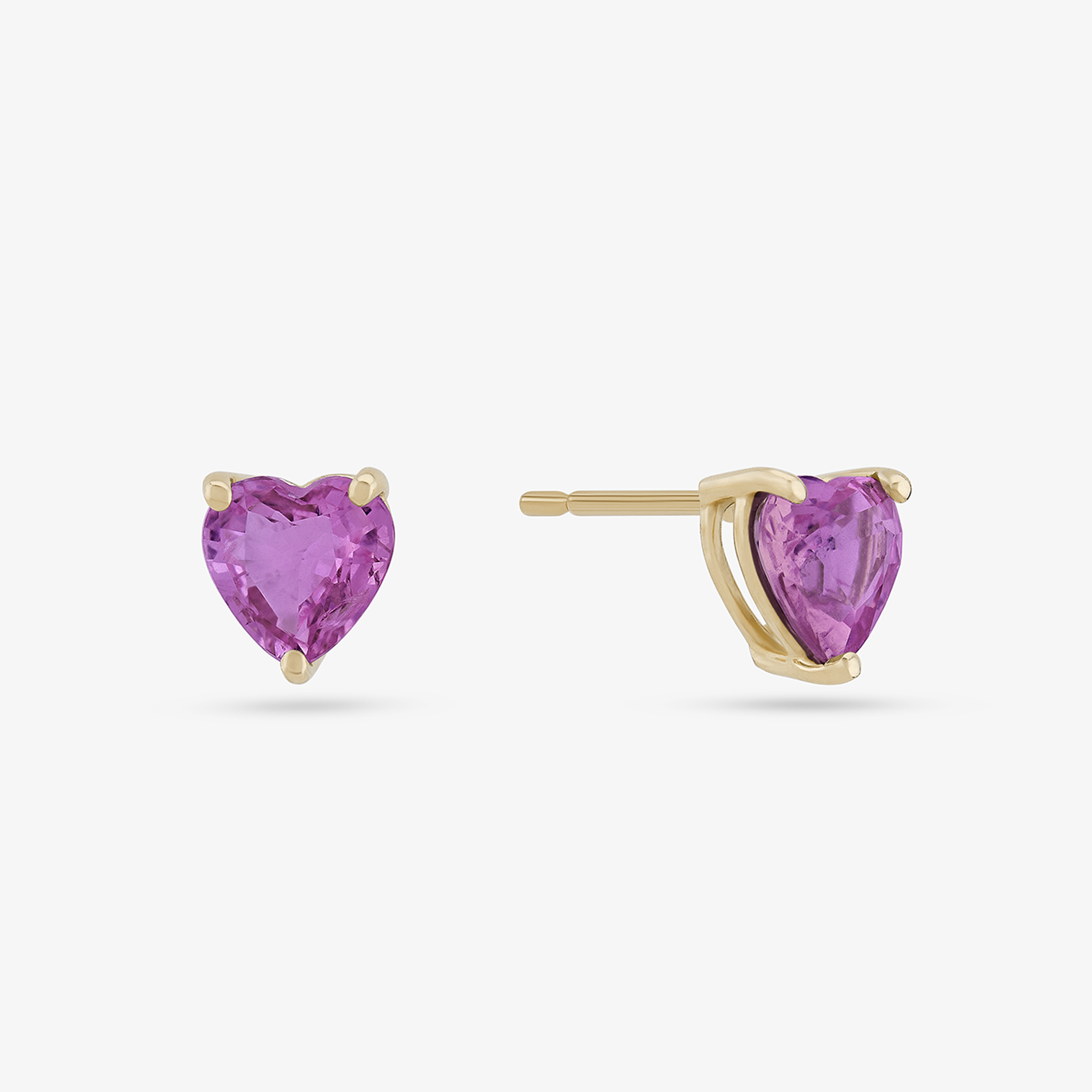 14K yellow gold solo pink sapphire heart studs