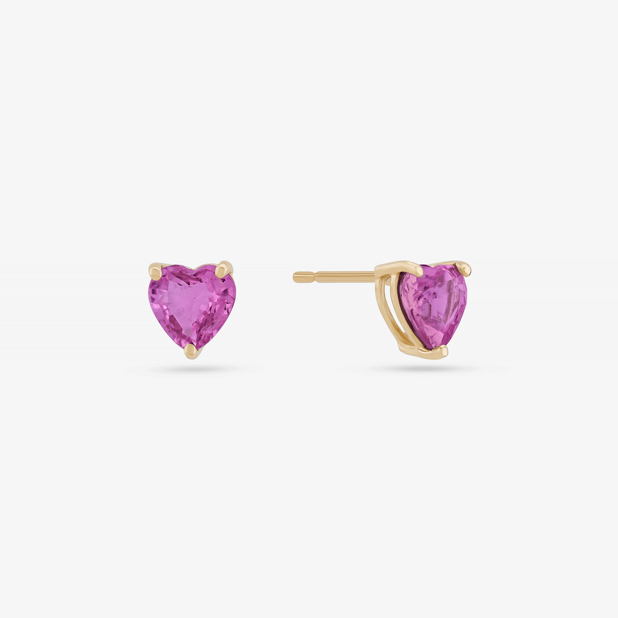 14K yellow gold solo pink sapphire heart studs