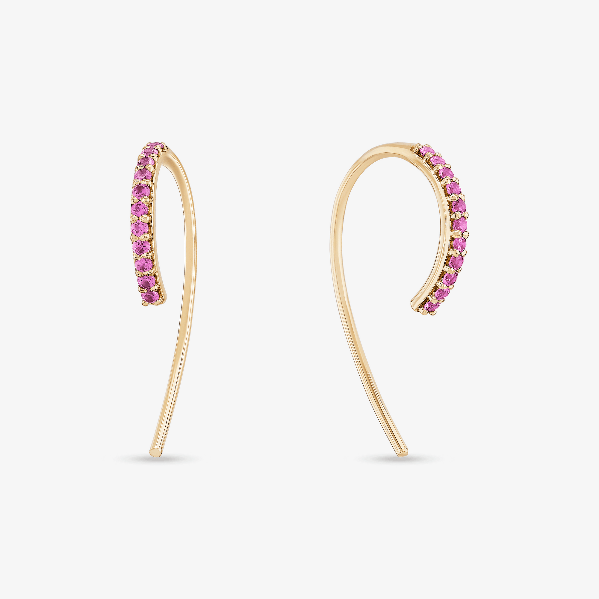 14K yellow gold mini pink sapphire hooked on hoops