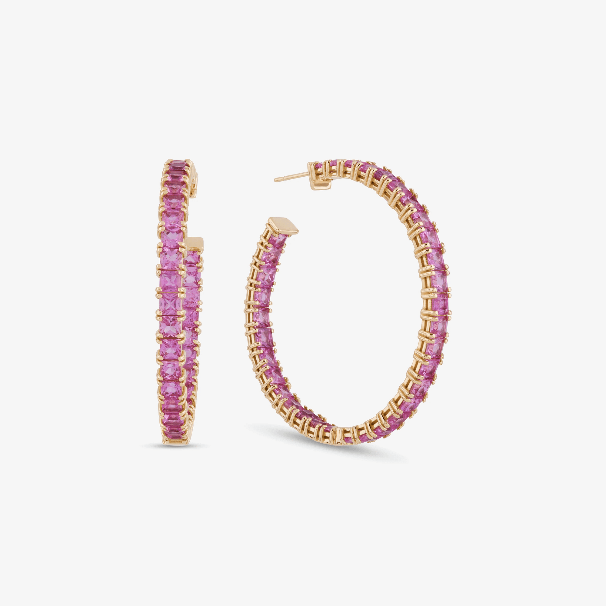 14K yellow gold pink sapphire princess cut hoops