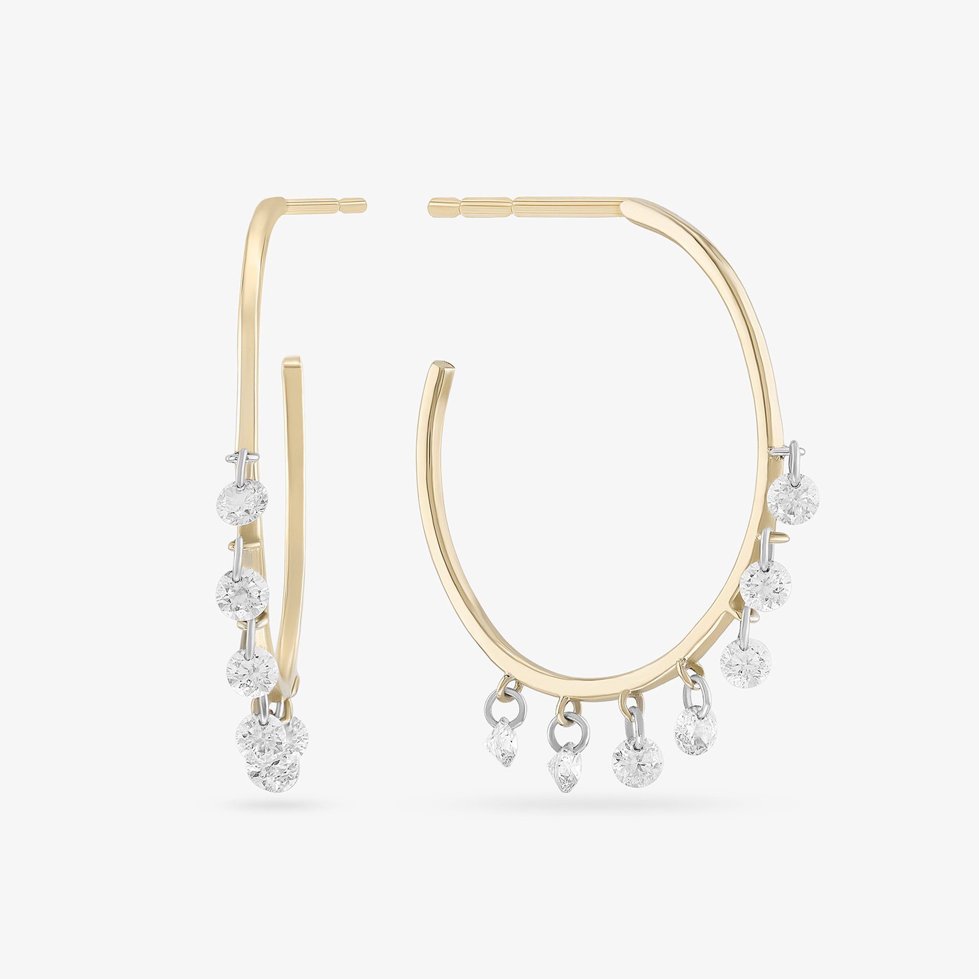 14K yellow gold small floating diamond fringe hoops