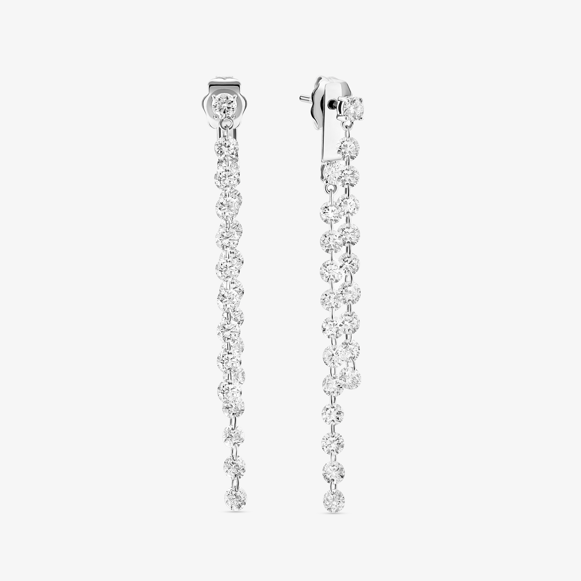 14K white gold floating diamond front to back linear earrings