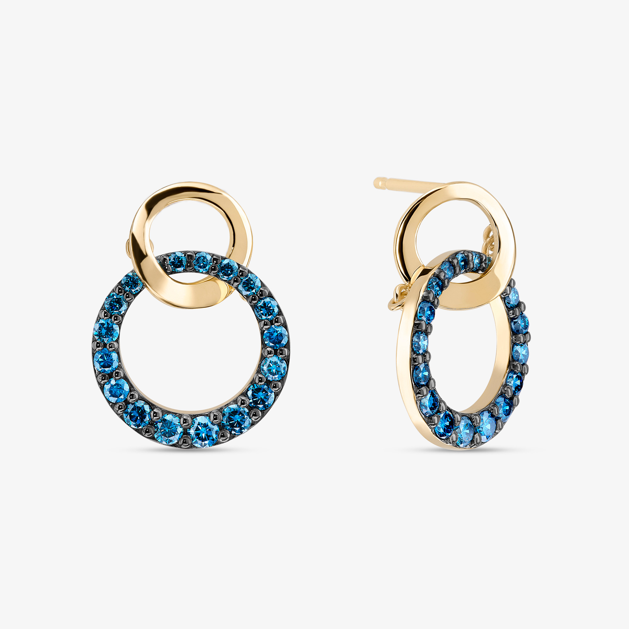 DOUBLE INTERLOCKING CIRCLE BLUE DIAMOND DANGLE STUDS