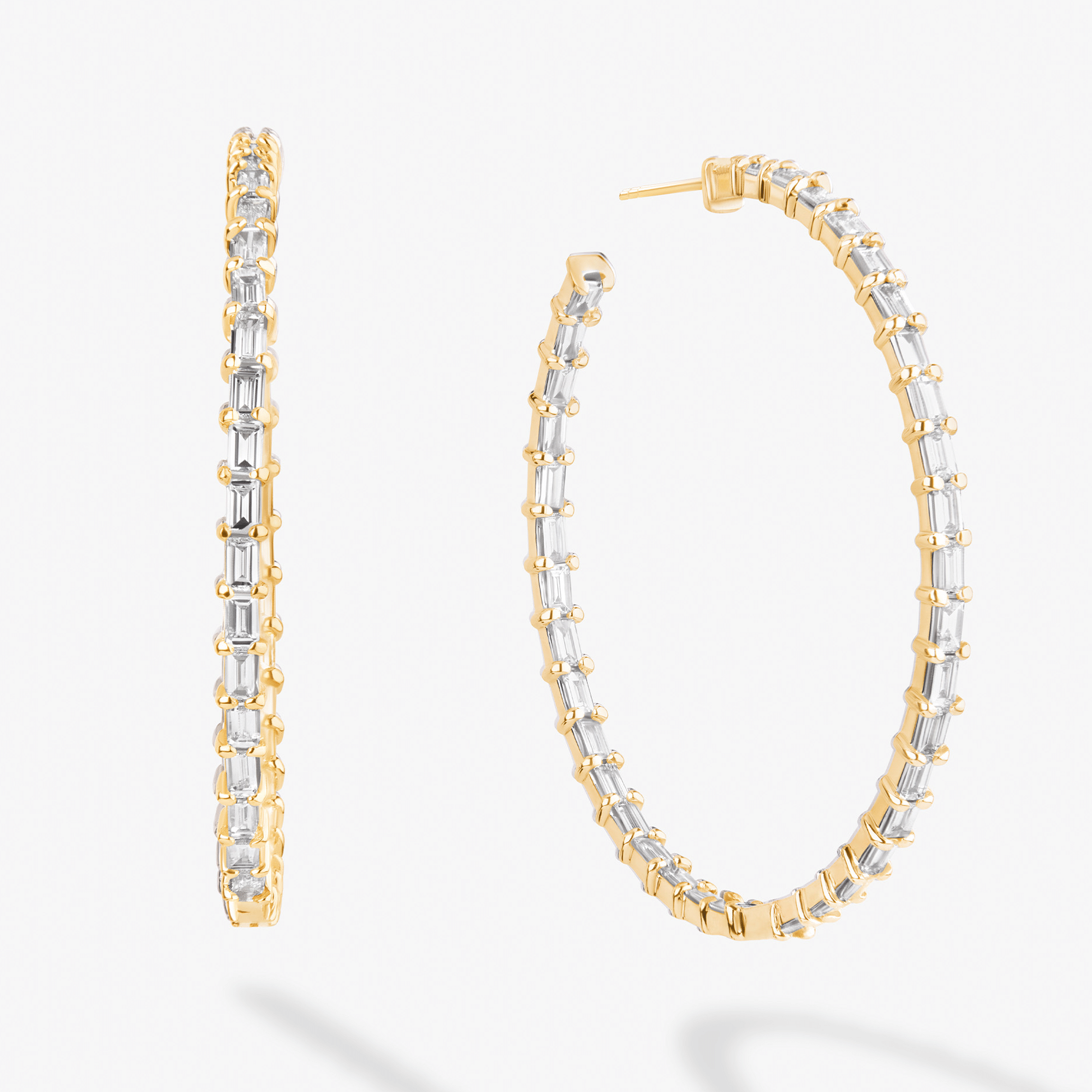 14K yellow gold small inside out baguette diamond hoops
