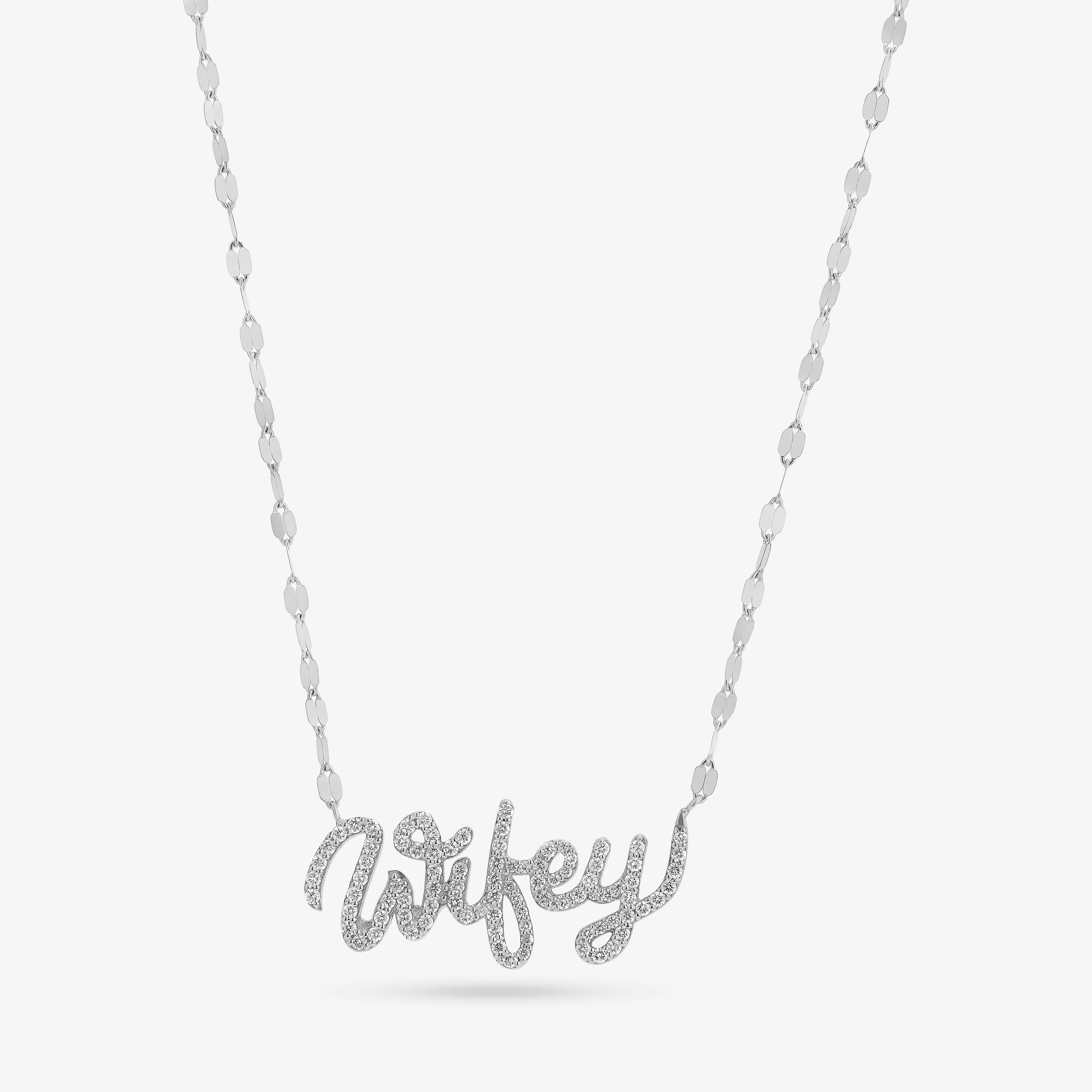 14K white gold small cursive wifey diamond necklace