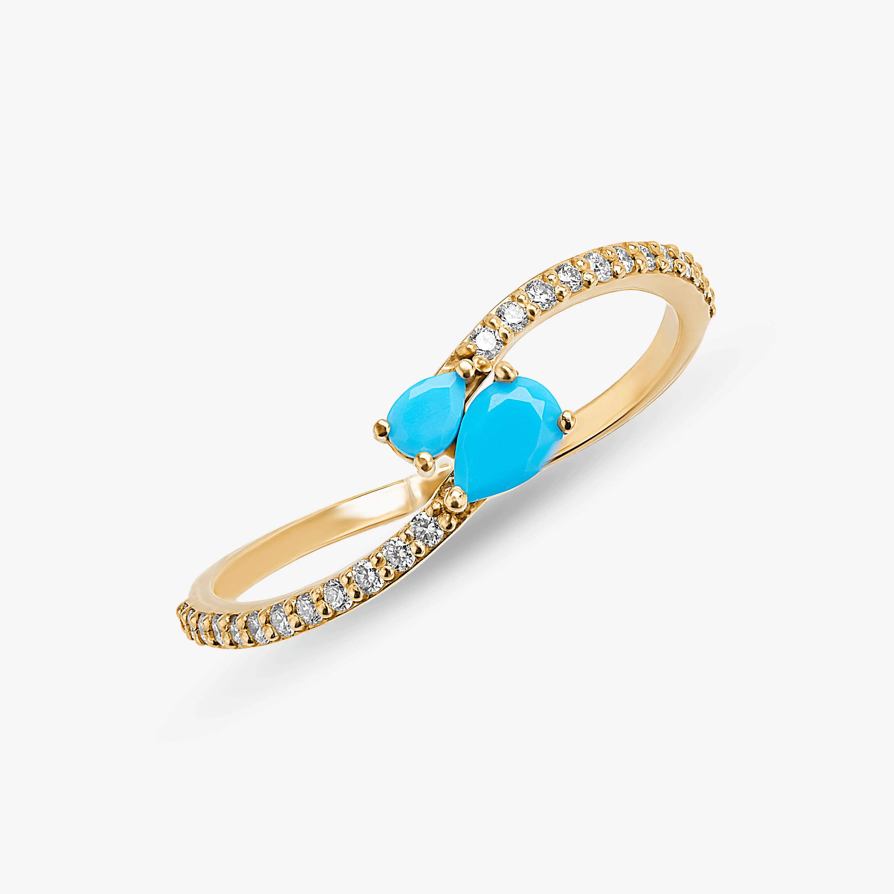 14K yellow gold turquoise & pear diamond wavey ring