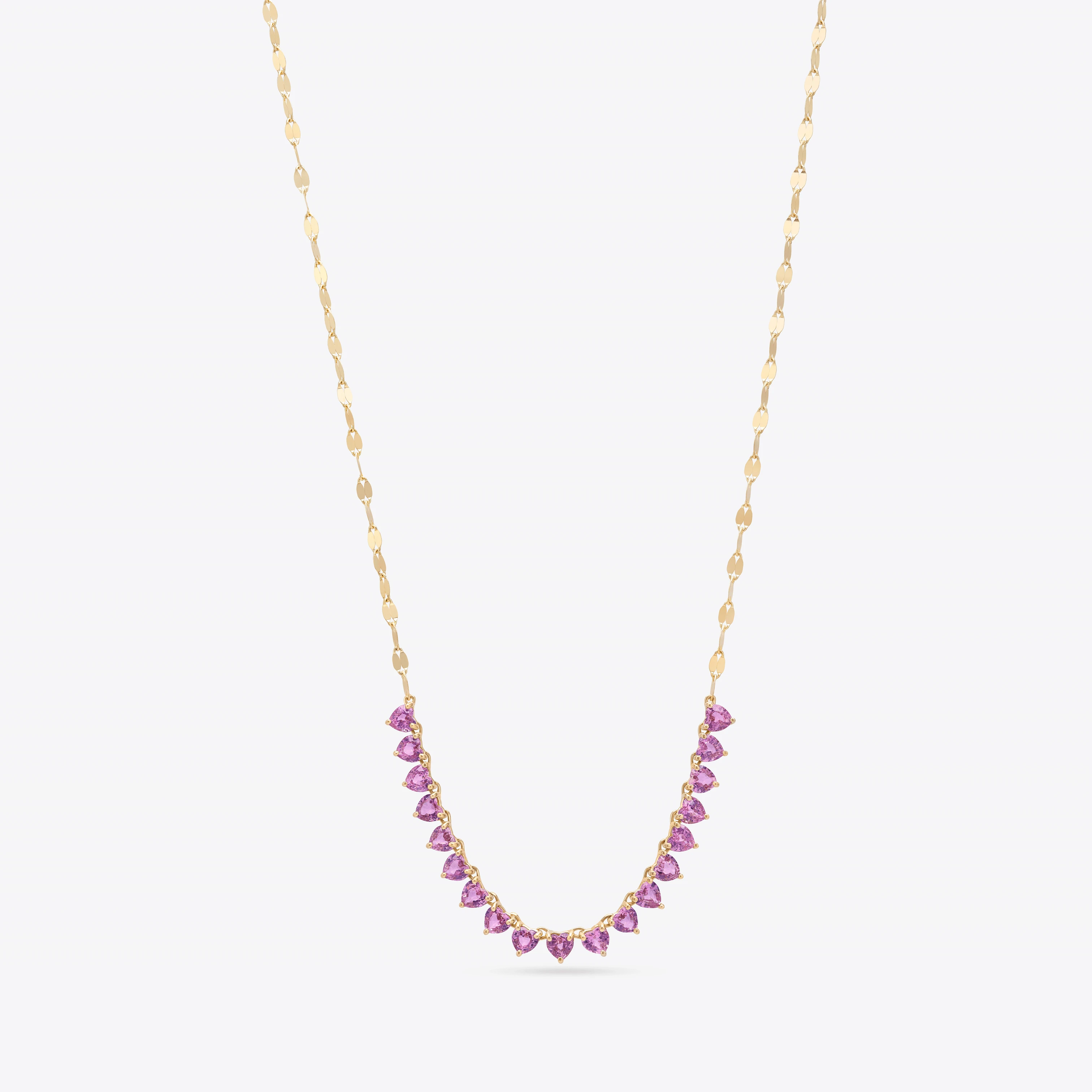 14K yellow gold pink sapphire heart tennis chain necklace