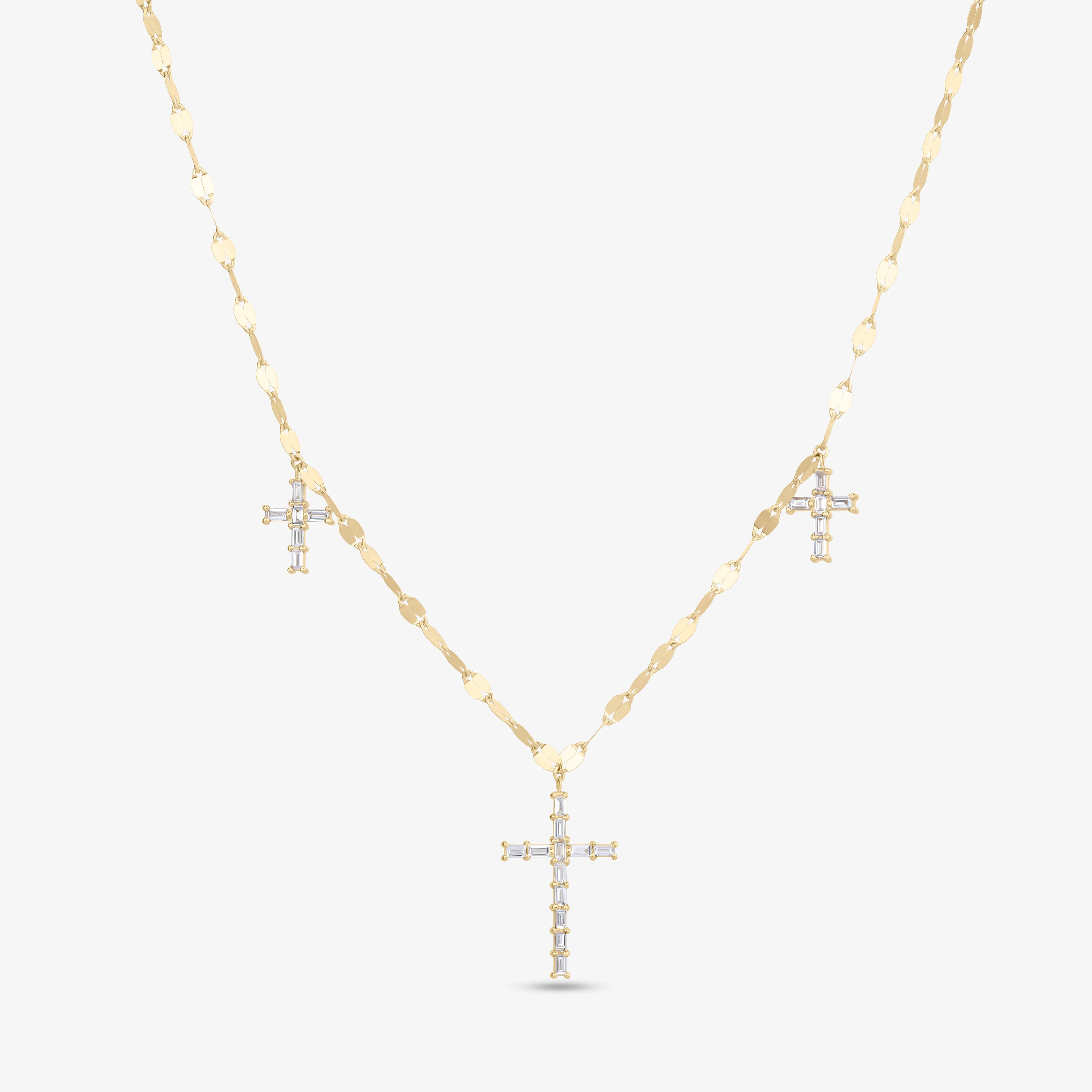 BAGUETTE CUT TRIPLE CROSS DIAMOND PENDANT NECKLACE