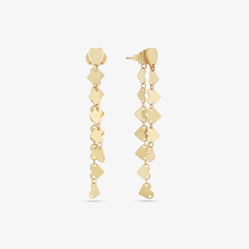 14K yellow gold short heart disc front to back linear earrings