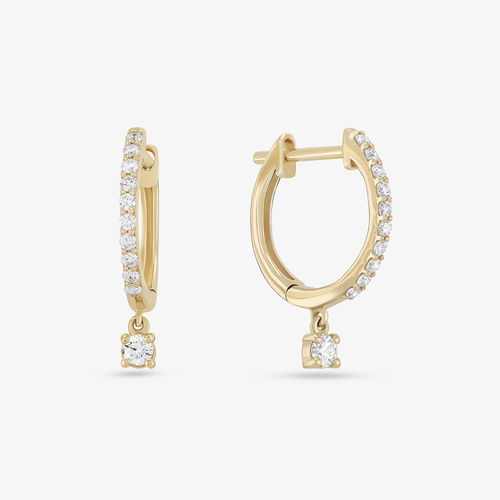 14K yellow gold pave huggies with solo dangle diamonds