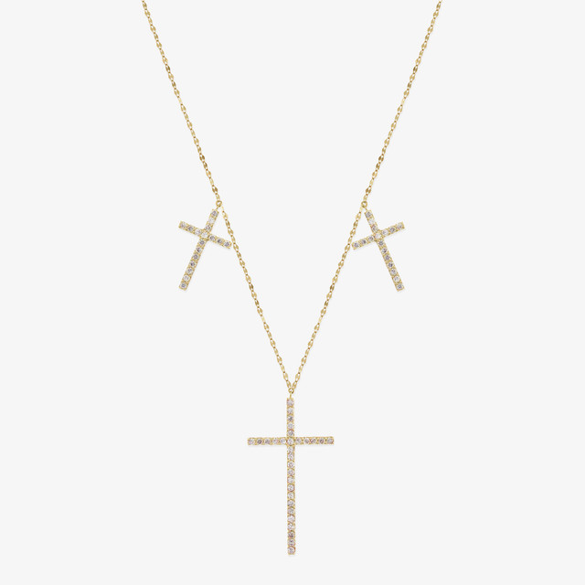 Gold and Triple Diamond Cross Charms in Double Layer Chain | KC Design | Diamond Vault of Troy