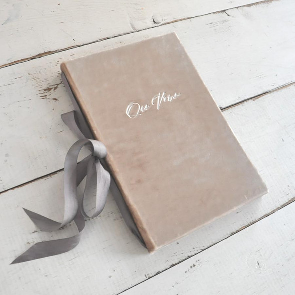 Velvet Wedding Vow Book - Champagne Velvet with Dark Gray Silk Ribbon & Calligraphy Our Vows - by Blue Sky Papers Velvet Wedding Vow Book - Champagne Velvet with Dark Gray Silk Ribbon & Calligraphy Our Vows - by Blue Sky Papers