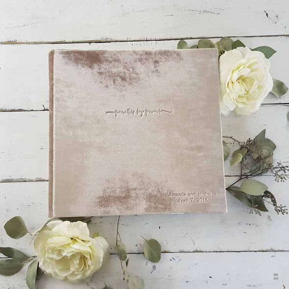 Velvet Wedding Photo Album - 12x12 in Champagne, custom emblem in center, personalization in Serif font- by Blue Sky Papers Velvet Wedding Photo Album - 12x12 in Champagne, custom emblem in center, personalization in Serif font- by Blue Sky Papers