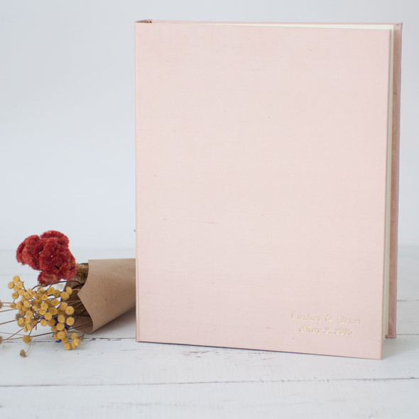 Classic, Archival Photo Album- 9x12 vertical Blush silk with Gold Script embossing- by Blue Sky Papers Classic, Archival Photo Album- 9x12 vertical Blush silk with Gold Script embossing- by Blue Sky Papers