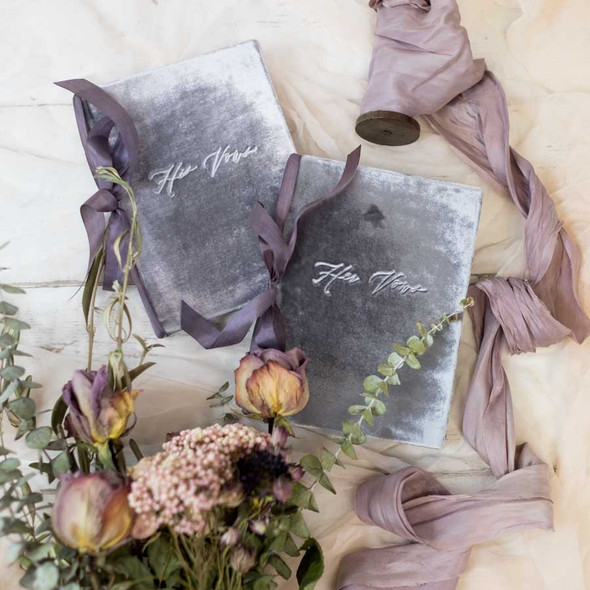 Velvet His and Her Vow Books - Silvery Gray Velvet with Eggplant - by Blue Sky Papers Velvet His and Her Vow Books - Silvery Gray Velvet with Eggplant - by Blue Sky Papers