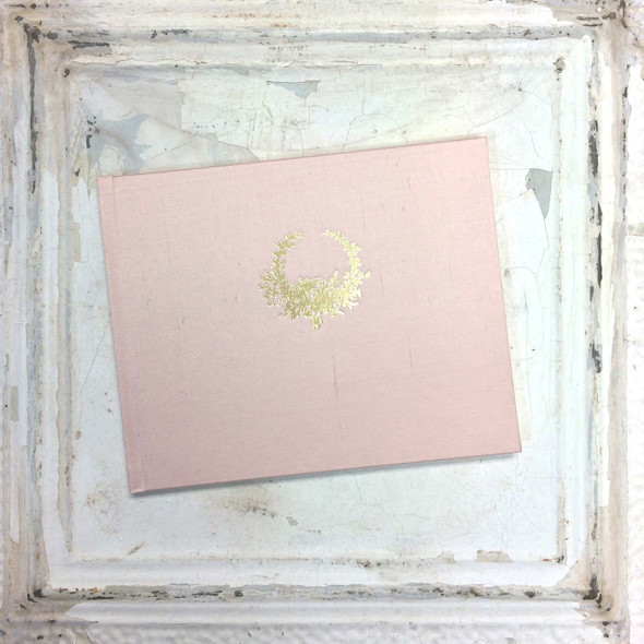 Vintage Wreath Guest Book- Luminous Blush silk dupioni with a hand-embossed gold floral wreath- by Blue Sky Papers Vintage Wreath Guest Book- Luminous Blush silk dupioni with a hand-embossed gold floral wreath- by Blue Sky Papers