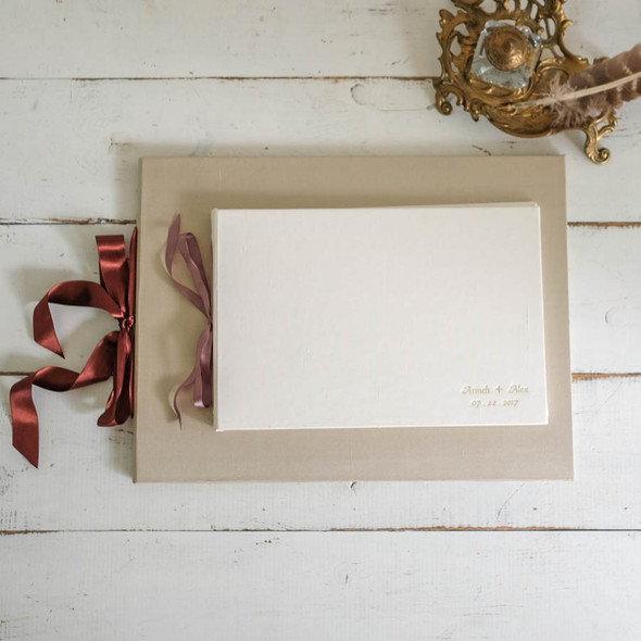 The Artisan Album - Handmade Photo Book - 2 sizes - Champagne silk with Nutmeg ribbon, Ivory silk with Fawn ribbon - by Blue Sky Papers The Artisan Album - Handmade Photo Book - 2 sizes - Champagne silk with Nutmeg ribbon, Ivory silk with Fawn ribbon - by Blue Sky Papers