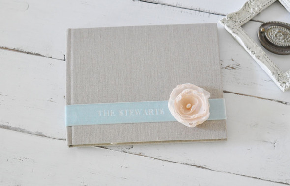 Personalized Velvet Ribbon & Silk Flower Custom Book- Natural linen with Seafoam sash and Peach flower- by Blue Sky Papers Personalized Velvet Ribbon & Silk Flower Custom Book- Natural linen with Seafoam sash and Peach flower- by Blue Sky Papers