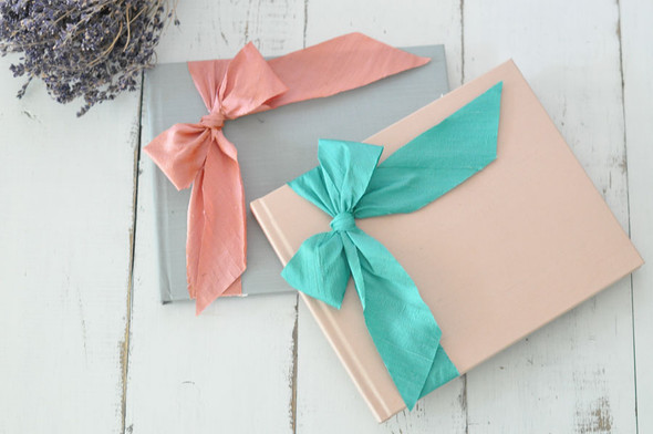Silk Dupioni Bow Custom Book- Light Gray linen & Armour, Blush silk & Aegean- by Blue Sky Papers Silk Dupioni Bow Custom Book- Light Gray linen & Armour, Blush silk & Aegean- by Blue Sky Papers