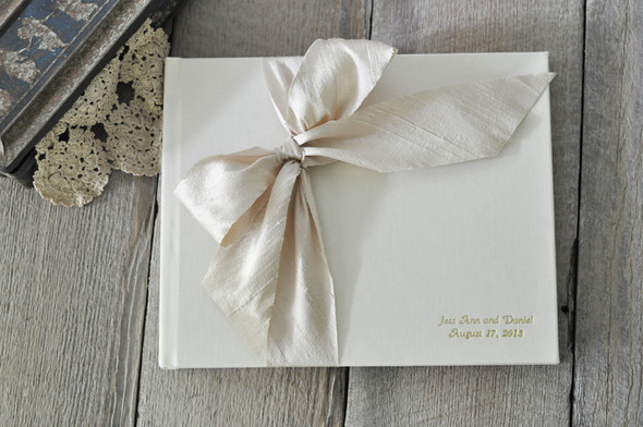Silk Dupioni Bow Custom Book- Ivory linen & Cameo- by Blue Sky Papers Silk Dupioni Bow Custom Book- Ivory linen & Cameo- by Blue Sky Papers