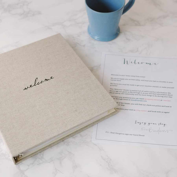 Vacation Home Welcome Binder - Shown in Natural linen with Black embossing- by Blue Sky Papers Vacation Home Welcome Binder - Shown in Natural linen with Black embossing- by Blue Sky Papers