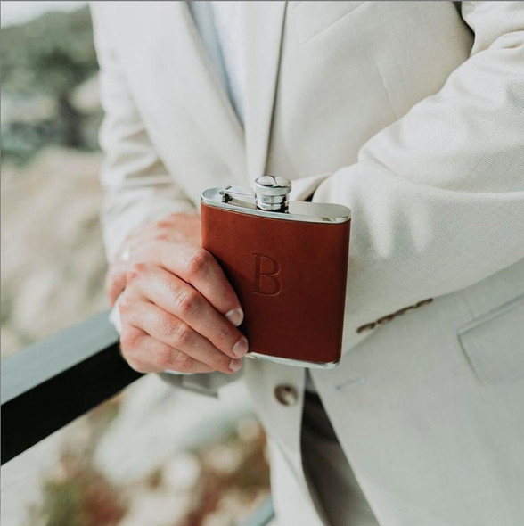 Personalized Leather Flask - Discontinued Leather with Blind embossing, british tan is closest to this color - from Blue Sky Papers