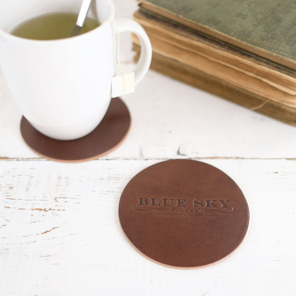 Natural Leather Coasters - Emboss with your logo - by Blue Sky Papers Natural Leather Coasters - Emboss with your logo - by Blue Sky Papers