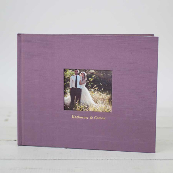 Guest Book with Photo Frame Cover - Plum Satin with Gold Serif - by Blue Sky Papers Guest Book with Photo Frame Cover - Plum Satin with Gold Serif - by Blue Sky Papers