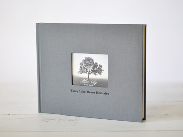 Guest Book with Photo Frame Cover - Slate Gray linen with Gray embossing in Serif- by Blue Sky Papers Guest Book with Photo Frame Cover - Slate Gray linen with Gray embossing in Serif- by Blue Sky Papers