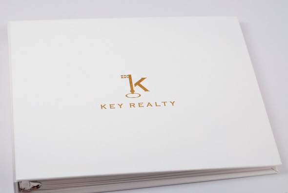 Custom Corporate Guest Book- Horizontal 3-ring style, White leather with custom logo- by Blue Sky Papers