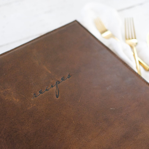 Leather Recipe Binder - Cover is Blind embossed with 'recipes' - by Blue Sky Papers Leather Recipe Binder - Cover is Blind embossed with 'recipes' - by Blue Sky Papers