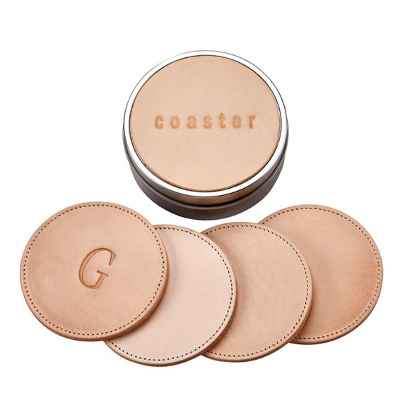 Custom Coaster Set with Tin Box - Natural Vachetta Leather - from Blue Sky Papers Custom Coaster Set with Tin Box - Natural Vachetta Leather - from Blue Sky Papers