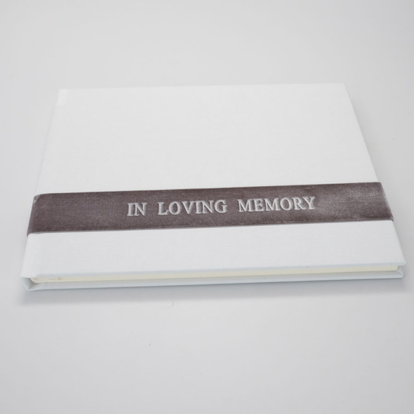 In Loving Memory Memorial Guest Book - white satin with gray velvet sash - by Blue Sky Papers In Loving Memory Memorial Guest Book - white satin with gray velvet sash - by Blue Sky Papers