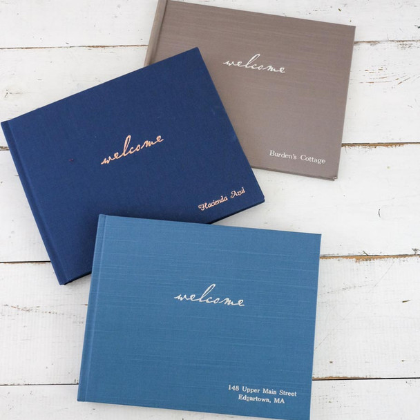 House Guest Book - Teal Satin front, Navy Linen middle, Taupe Satin back - by Blue Sky Papers House Guest Book - Teal Satin front, Navy Linen middle, Taupe Satin back - by Blue Sky Papers