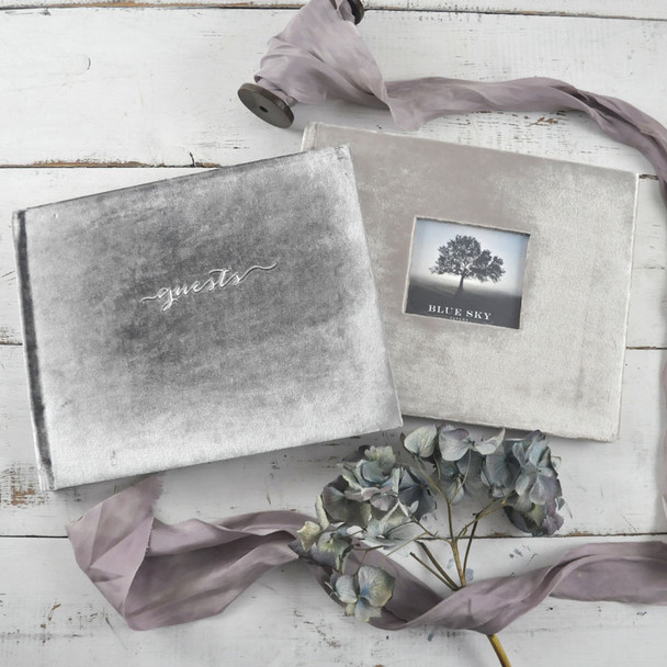 Velvet Wedding Guest Book- Champagne velvet with photo frame cover, Silvery Gray velvet without photo frame- by Blue Sky Papers