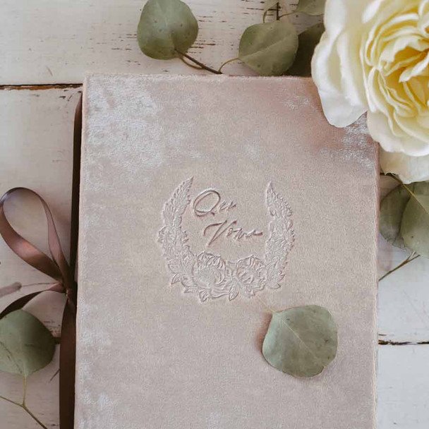Velvet Wedding Vow Book - Champagne with Floral Wreath 'Our Vows' emblem- by Blue Sky Papers