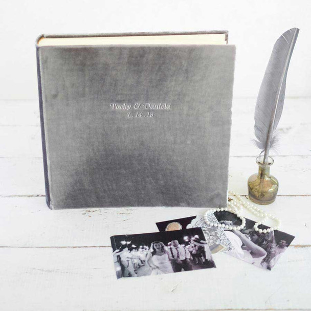 Velvet Wedding Photo Album - 12x12 in Silvery Gray with Script personalization - by Blue Sky Papers