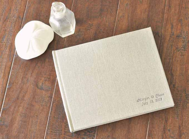 Guest Sign In Book - Natural linen, Pewter Script embossing- by Blue Sky Papers