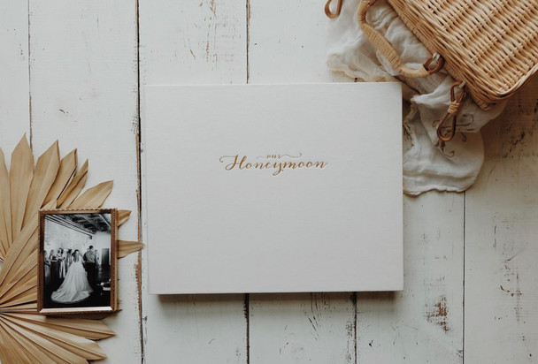 Classic, Archival Photo Album - Soft Ivory Silk with Our Honeymoon Emblem - by Blue Sky Papers Classic, Archival Photo Album - Soft Ivory Silk with Our Honeymoon Emblem - by Blue Sky Papers
